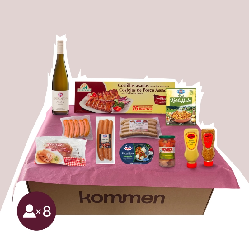 Gran Pack Barbacoa para 8: Costillar, Codillo, Salchichas, Aperitivos y Vino Blanco