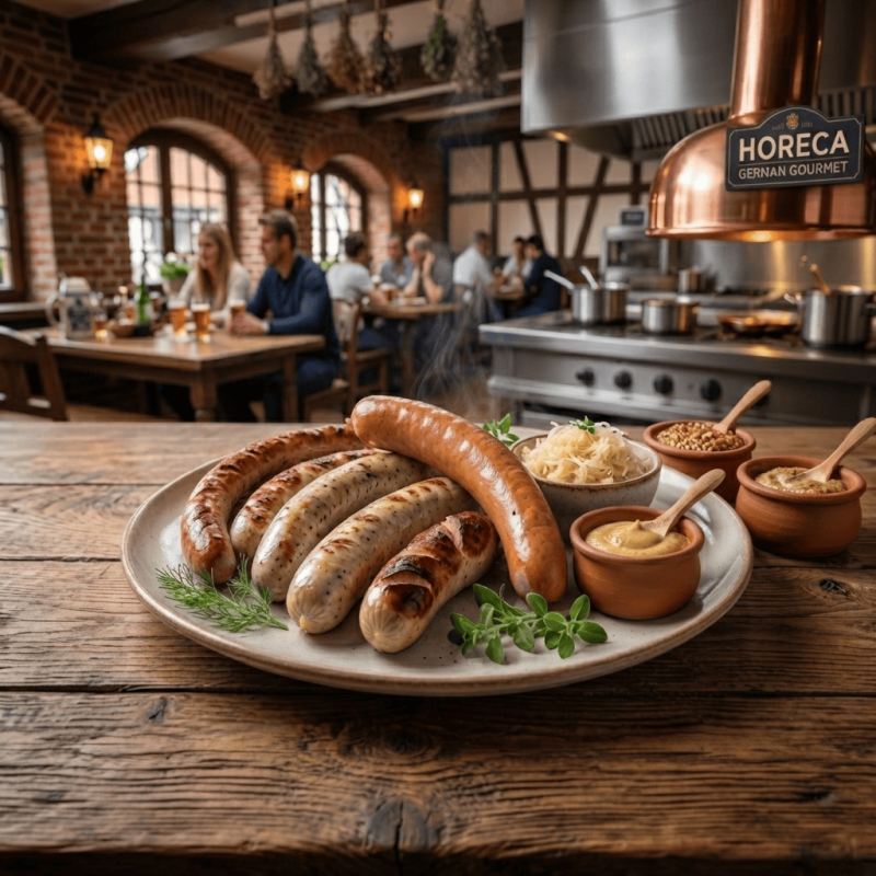 Lote Hostelería "Especialidades Alemanas": Salchichas Clásicas, Chucrut y Mostazas (Bratwurst + Bockwurst + Guarniciones)