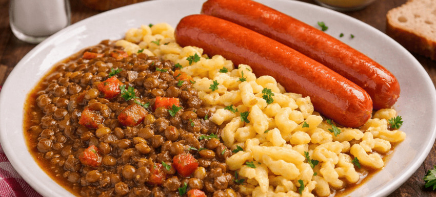 Receta: Linsen mit Spätzle (lentejas con Spätzle y salchichas)